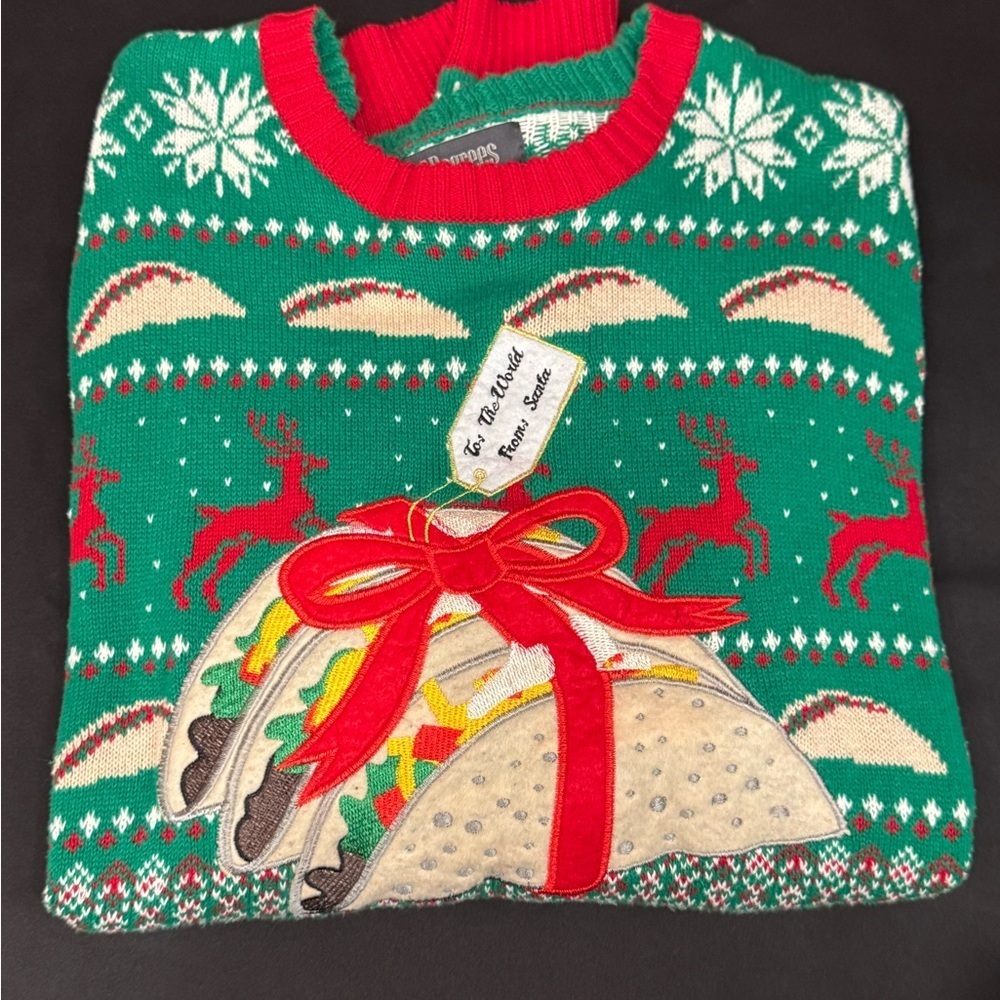 Holiday Green Sweater with Taco and Reindeer Design